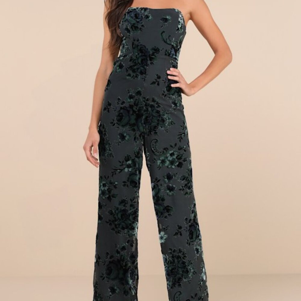 Lulus Charismatic Splendor Teal Velvet Burnout Strapless Jumpsuit Green - Size S